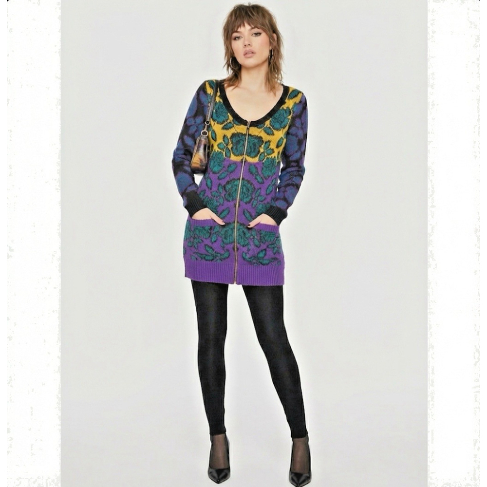 Betsey Johnson Vintage Multi Print Roses Tunic Cardigan Sweater Dress Y2K Sz S